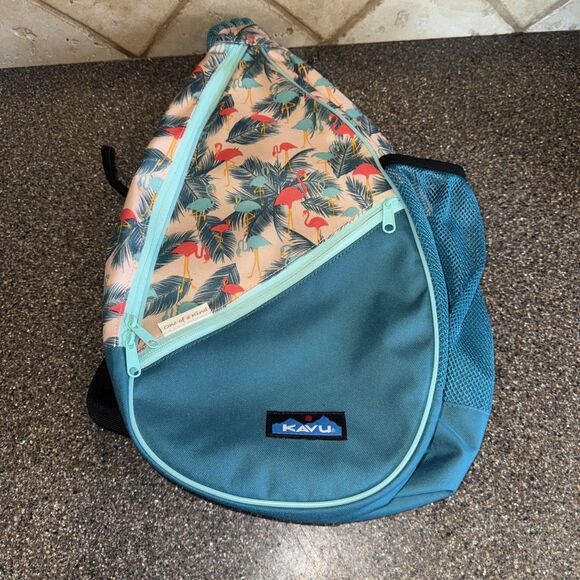 KAVU Rope Sling  FLAMINGO FEST Crossbody Backpack Bag Travel Turquoise - Picture 2 of 3